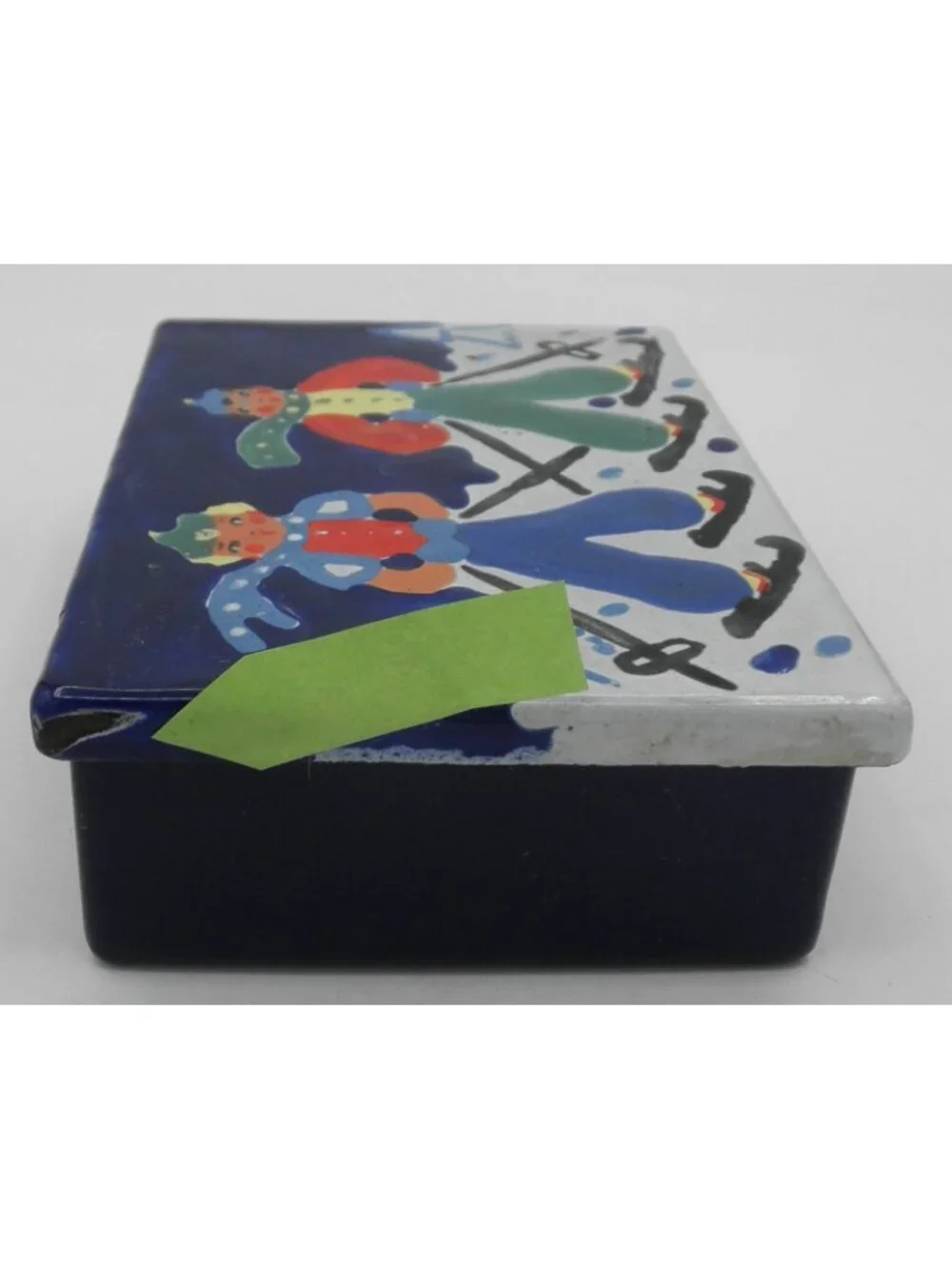 VTG Rectangular Enamel Over Metal Trinket Dresser Box Skiers FLAW CHIPPED ENAMEL